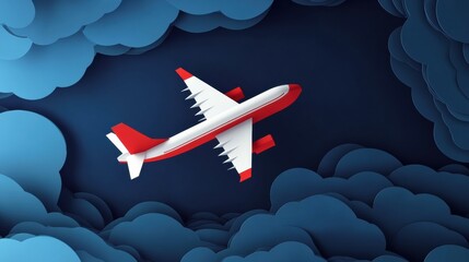 Aufkleber - Airplane flying through abstract blue and gray clouds in a stylized paper art design. Generative AI