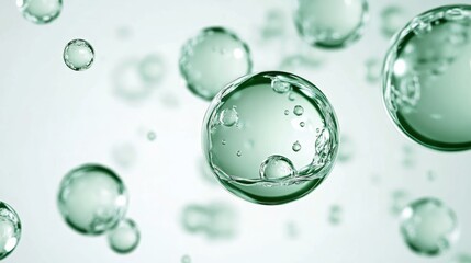 Poster - Green hued translucent bubbles varying in size, drifting and catching light, representing cleanliness, scientific precision, and natural freshness against neutral backdrop