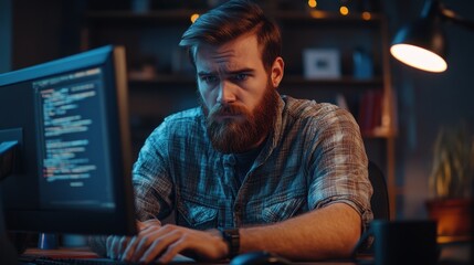 Focused caucasian male adult programming at night desk