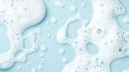 Poster - Delicate white foam bubbles expanding across pale blue backdrop, forming dynamic pattern of varied sizes and organic shapes, suggesting pristine cleanliness