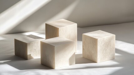 Poster - Stone cubes stacked asymmetrically on pristine white background, dramatic window cast shadows highlighting geometric shapes and minimalist architectural elements