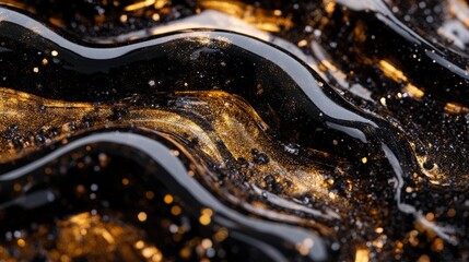 Wall Mural - an abstract background in black and gold, showcasing liquid gold waves and a high-contrast reflectio