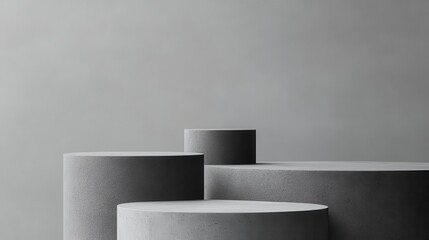 Poster - Four empty gray round podiums of varying heights creating an elegant showcase for product presentation against a gray background, offering ample copy space for marketing needs