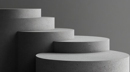 Poster - Concrete podiums rising in clean, architectural steps against neutral gray background, presenting minimalist design for sleek product staging or contemporary visual presentation