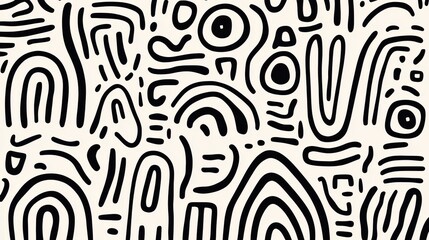 Poster - Chaotic black and white hand drawn lines, circles, and geometric shapes creating dynamic, playful abstract pattern with contemporary graphic design aesthetic