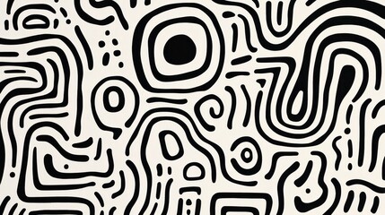 Fototapete - Abstract seamless pattern featuring black organic shapes and lines on a light beige background, creating a modern and stylish design suitable for various applications