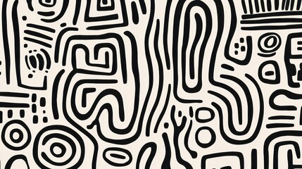 Fototapete - Intricate black lines and shapes flowing seamlessly on a beige background, creating a captivating abstract pattern perfect for modern and minimalist designs