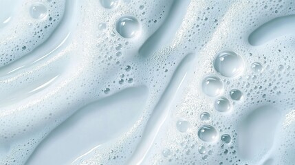 Poster - Foamy white soap bubbles forming soft, delicate lather against pale blue surface, highlighting cleansing process and fresh, hygienic sensation