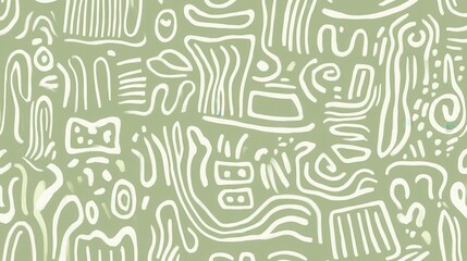 Poster - Sage green abstract pattern displaying intertwining hand drawn white lines, forming organic geometric shapes with contemporary visual appeal