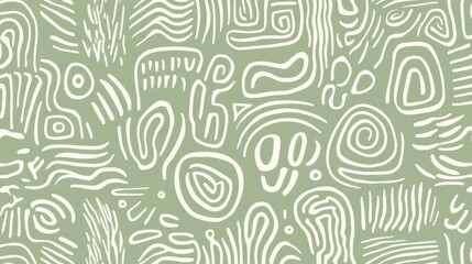 Fototapete - Sage green seamless pattern with organic white lines weaving fluid, abstract shapes across surface, creating minimalist graphic design for textile and digital backgrounds