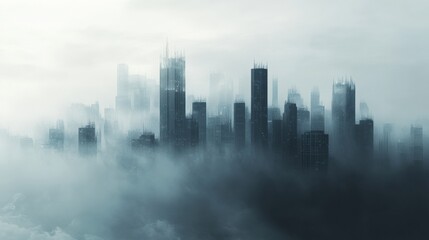 Poster - Cityscape shrouded in gray smog with silhouettes of buildings fading into the haze. Generative AI
