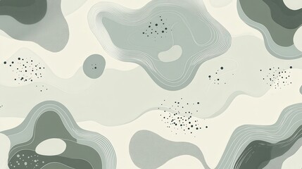 Poster - Layered sage green topographic contours merging with cream lines, scattered dark green speckles creating organic geometric pattern on soft light background