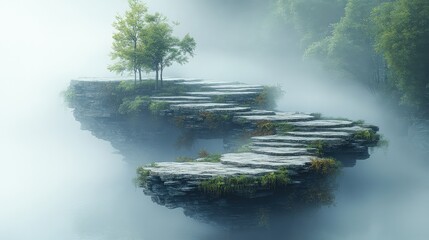 Wall Mural - A serene floating pathway with lush greenery and mist, inviting exploration in a tranquil landscape