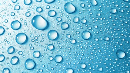 Poster - Water droplets clustering on deep blue surface, forming intricate liquid pattern highlighting natural texture and pristine visual clarity
