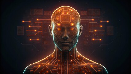 Poster - a stylized human head with glowing circuits and glowing nodes running throughout the head and body, suggestive of a future-oriented computer brain and the fusion of the digital and human.