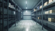 © Sahraya - Cold room in warehouse with empty metal racks. Vector cartoon interior of industrial storage freezer with shelves, tiled walls and floor. Refrigerator chamber in factory, store or restaurant