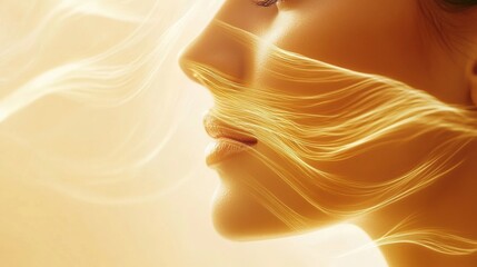 Poster - Golden lines flow elegantly around a young womans face symbolizing the effects of cosmetic enhancements. Generative AI