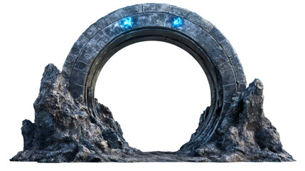 Poster - Large stone portal emitting blue light is embedded between two high rocks, on transparent background