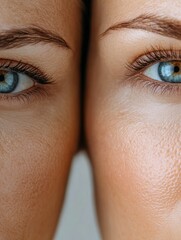 Fototapete - Close up of a womans face showcasing contrasting skin textures in a medical style for skincare analysis. Generative AI