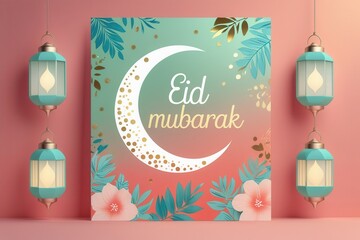 Poster - A modern and refreshing Eid Mubarak greeting card featuring a sleek crescent moon with minimalist geometric patterns