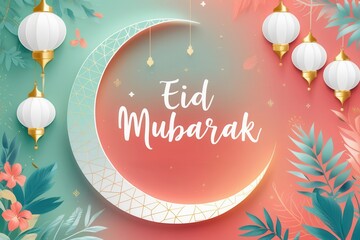 Poster - A modern and refreshing Eid Mubarak greeting card featuring a sleek crescent moon with minimalist geometric patterns