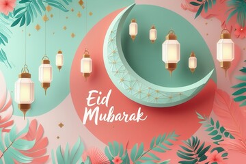 Poster - A modern and refreshing Eid Mubarak greeting card featuring a sleek crescent moon with minimalist geometric patterns
