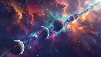 Poster - Cosmic Ballet: A vibrant artwork showcases planets in a mesmerizing celestial dance, surrounded by swirling nebulas and distant galaxies, capturing the awe-inspiring beauty of the universe.