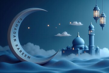 Poster - A sleek and modern Ramadan Kareem greeting card with a minimalist design, using a serene blue color palette