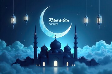 Poster - A sleek and modern Ramadan Kareem greeting card with a minimalist design, using a serene blue color palette