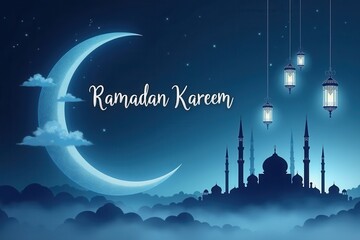 Poster - A sleek and modern Ramadan Kareem greeting card with a minimalist design, using a serene blue color palette
