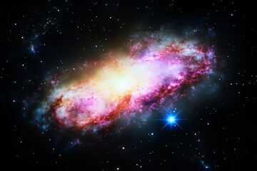 Poster - Celestial Symphony: A vibrant galaxy swirls in a celestial ballet, its core a beacon of intense light, surrounded by a tapestry of cosmic colors and distant stars.