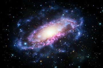 Poster - Galactic Dance of Color: Witness a vibrant spiral galaxy swirling with celestial brilliance, its core blazing with intense light and surrounded by captivating hues of blue, pink, and purple.