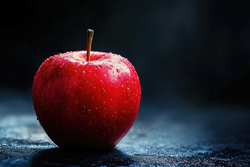 Poster - A single, glistening red apple with water droplets sits on a dark, wet surface.