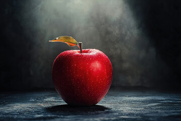 Poster - A single, glistening red apple with a leaf sits on a dark surface, illuminated by a dramatic light source.