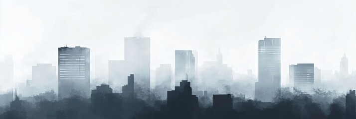 Poster - Cityscape engulfed in heavy gray smog with silhouettes of buildings disappearing into haze. Generative AI