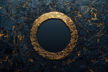 Poster - A gold circle frame on a dark textured background with glowing veins, perfect for luxury branding.