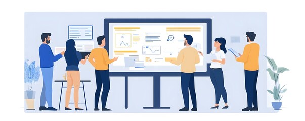 Poster - A diverse group of professionals engaged in a collaborative discussion in a modern office space, utilizing digital tools and presentations for effective teamwork.