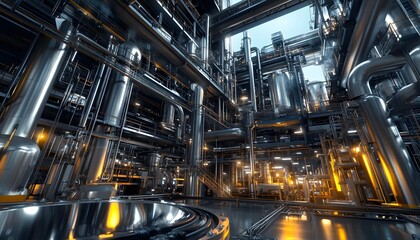 Poster - A detailed view of an advanced industrial facility showcasing intricate pipes and modern machinery, illuminated by soft orange lighting creating a dynamic atmosphere.