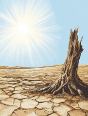 Poster - Dry desert landscape features a solitary tree stump under bright sunlight in a clear sky with cracked earth. Generative AI