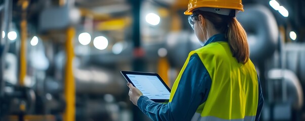 Poster - A woman in a hard hat uses a tablet in a modern industrial facility for work.