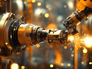 Poster - Close-up of a robotic arm welding and creating sparks in a factory setting.