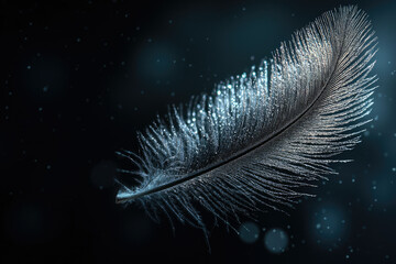 Aufkleber - A single, dew-kissed feather floats in the dark, ethereal and delicate.