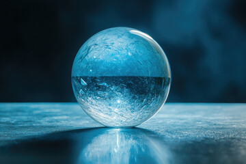 Poster - A mesmerizing crystal ball rests on a reflective surface, its icy texture and captivating blue hue evoke a sense of serenity and mystery.