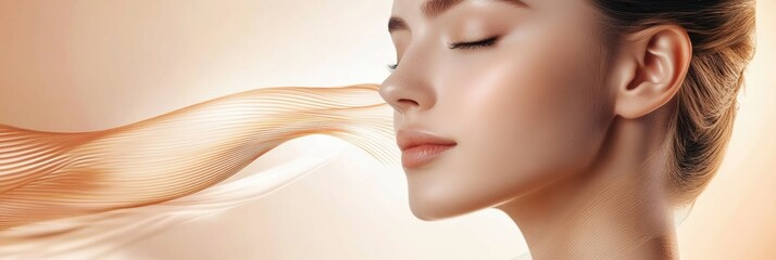 Aufkleber - Golden lines flow around young womans face, enhancing beauty and symbolizing rejuvenation and lifting effects. Generative AI