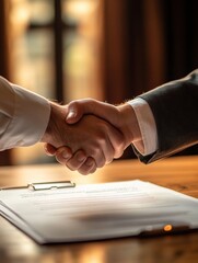 Aufkleber - Business partners agree on a contract while shaking hands in a cozy office setting during afternoon light. Generative AI