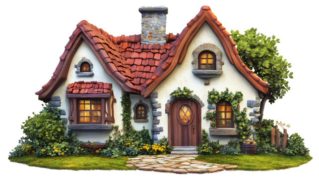 Whimsical fairytale cottage glowing softly, nestled among garden flowers during twilight, transparent background perfect for digital design compositions