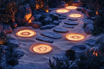 Poster - A serene stone pathway illuminated by glowing circular patterns in a mystical night garden.