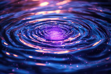 Poster - Vibrant concentric ripples on water surface, glowing purple center, abstract.