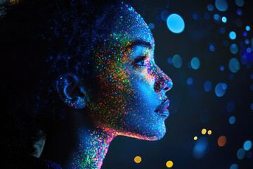 Aufkleber - A woman's face adorned with vibrant, glowing particles against a dark, bokeh-filled background.