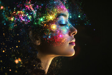 Aufkleber - A woman's face adorned with vibrant, cosmic-like glitter, creating a magical, ethereal effect.